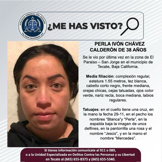 TECATE: SOLICITAN APOYO PARA LOCALIZAR A PERLA IVÓN CHÁVEZ CALDERÓN