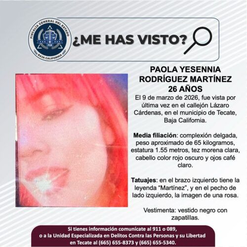 SOLICITAN APOYO PARA LOZALIZAR EN TECATE A YESENNIA RODRÍGUEZ MARTÍNEZ