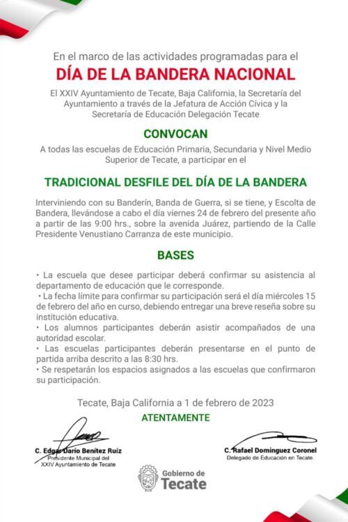 CONVOCAN A INSTITUCIONES EDUCATIVAS A PARTICIPAR EN DESFILE CONMEMORATIVO AL DÍA DE LA BANDERA
