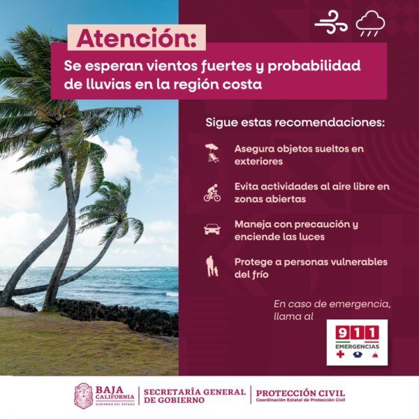 INFORMA PROTECCIÓN CIVIL ESTATAL SOBRE VIENTOS FUERTES Y DESCENSO DE TEMPERATURAS DURANTE FIN DE SEMANA