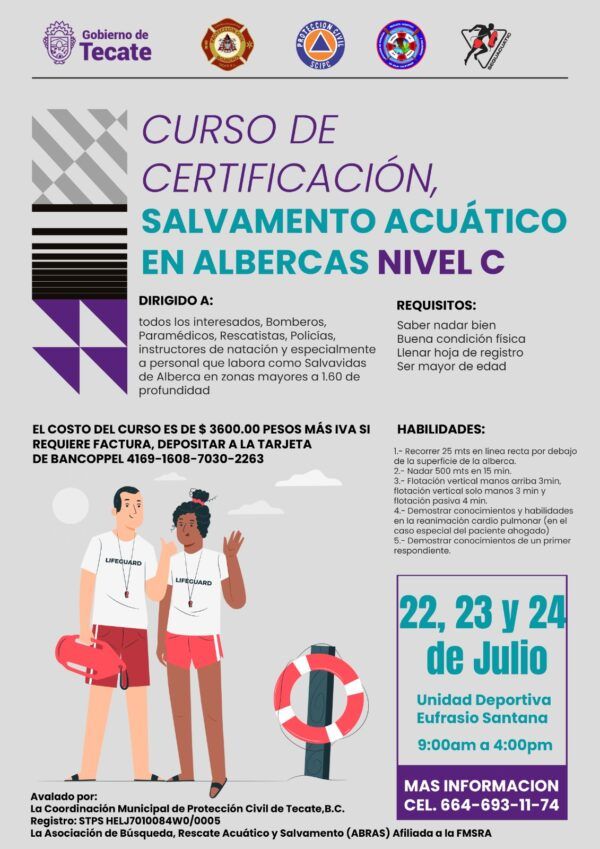 INVITA PROTECCIÓN CIVIL DE TECATE A CURSO DE CERTIFICACIÓN DE SALVAMIENTO ACUÁTICO EN ALBERCAS NIVEL C