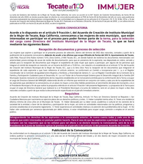 GOBIERNO DE TECATE LANZA CONVOCATORIA PARA LA SELECCIÓN DE LA DIRECTORA DEL INSTITUTO MUNICIPAL DE LA MUJER