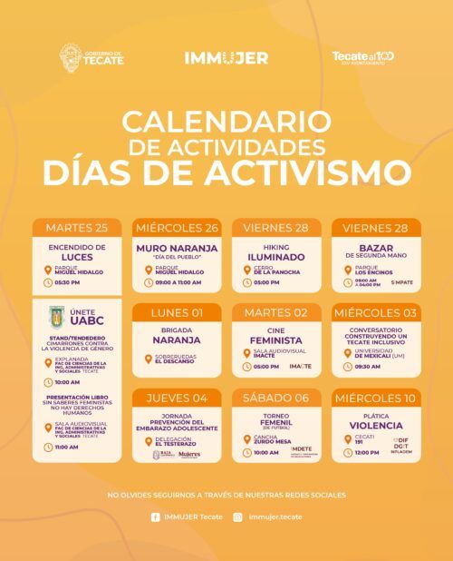 IMMUJER TECATE ANUNCIA CALENDARIO DE ACTIVIDADES POR LOS DÍAS DE ACTIVISMO
