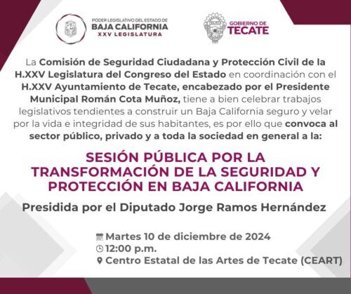 INVITAN A SESIÓN PÚBLICA POR LA TRANSFORMACIÓN DE LA SEGURIDAD Y PROTECCIÓN EN BAJA CALIFORNIA