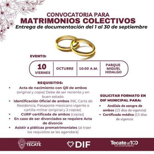 ABREN CONVOCATORIA PARA MATRIMONIOS COLECTIVOS EN TECATE