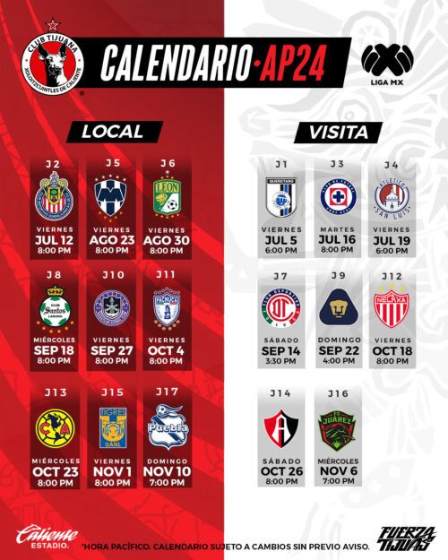 YA ESTÁ AQUI EL CALENDARIO DE XOLOS PARA ESTE APERTURA 2024 Tecate