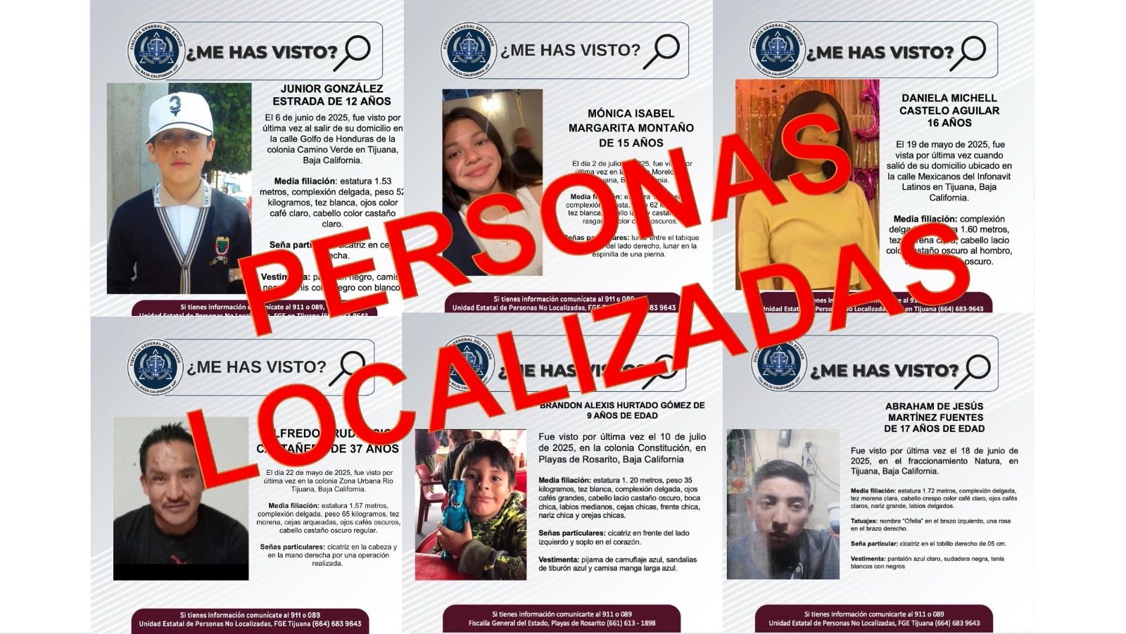 FISCALÍA GENERAL DEL ESTADO LOCALIZA A SEIS PERSONAS CON REPORTE DE BÚSQUEDA
