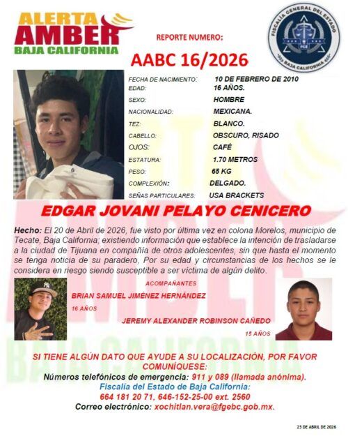 EMITEN ALERTA DE BÚSQUEDA DE TRES ADOLESCENTES EN TECATE