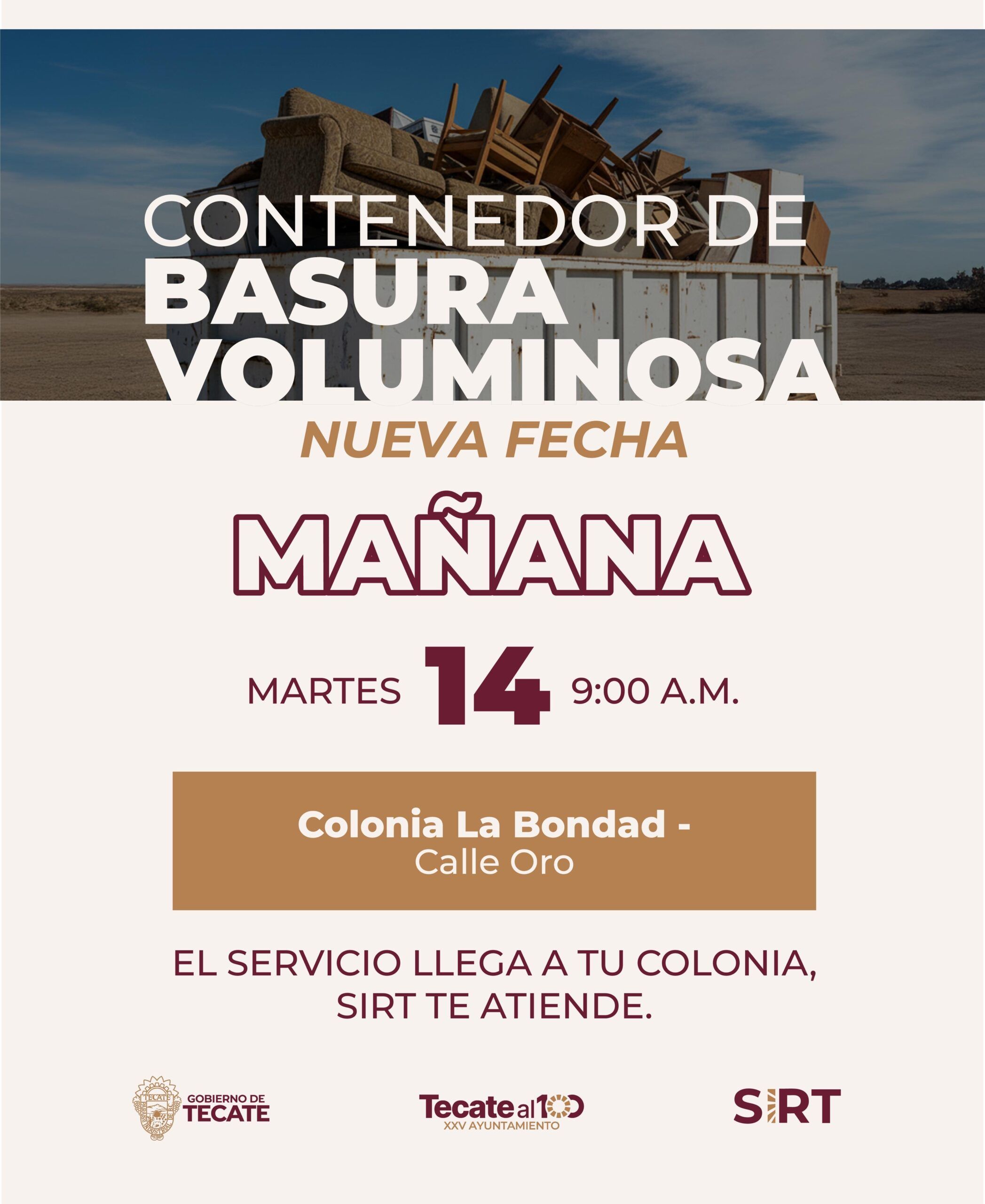 GOBIERNO DE TECATE LLEVARÁ ESTE MARTES CONTENEDOR DE BASURA VOLUMINOSA A LA BONDAD