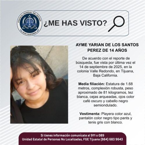 SOLICITAN APOYO PARA LOCALIZAR A AYME YARIAN DE 14 AÑOS