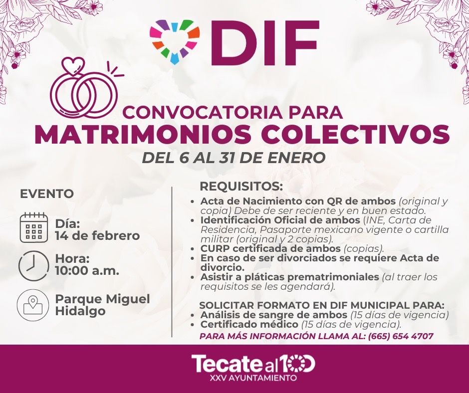 CONVOCA DIF MUNICIPAL A MATRIMONIOS COLECTIVOS EL DÍA DEL AMOR Y LA AMISTAD