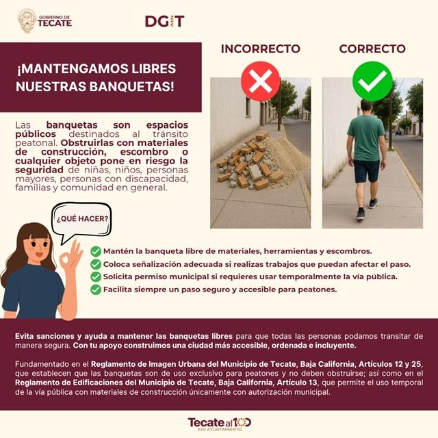 GOBIERNO DE TECATE LLAMA A MANTENER LIBRES Y SEGURAS LAS BANQUETAS
