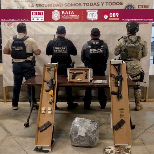 RECUPERAN ARMAS, CHALECOS Y VEHÍCULO ROBADO EN ZONA RURAL DE TECATE