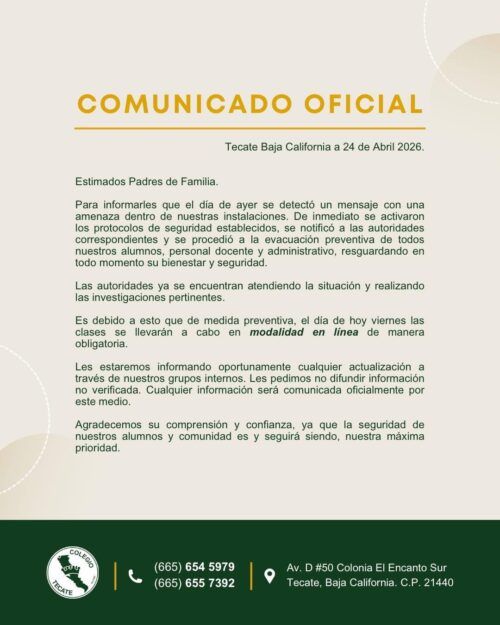 CLASES EN LINEA TRAS AMENAZA EN PLANTEL EDUCATIVO DE TECATE