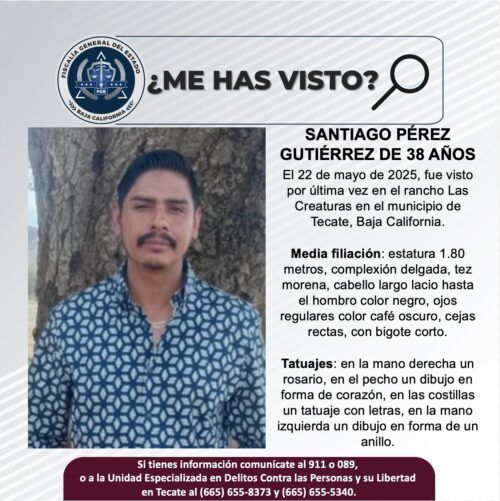 TECATE: SOLICITAN APOYO PARA LOCALIZAR A SANTIAGO PÉREZ