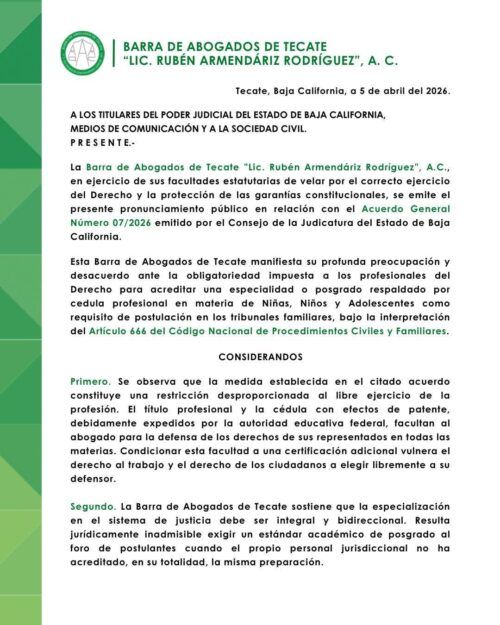 BARRA DE ABOGADOS DE TECATE EXHORTA A RECONSIDERAR ACUERDO SOBRE ESPECIALIZACIÓN EN MATERIA FAMILIAR
