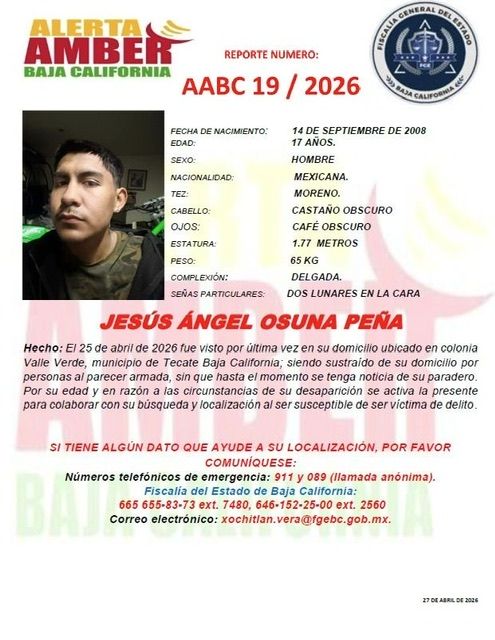 TECATE : SOLICITAN APOYO PARA LOCALIZAR A JESÚS ANGEL