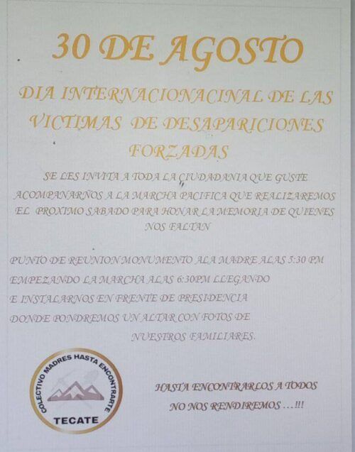 TECATE: CONVOCAN A MARCHA POR EL DÍA INTERNACINAL DE LAS VÍCTIMAS DE DESAPARICIÓN FORZADA