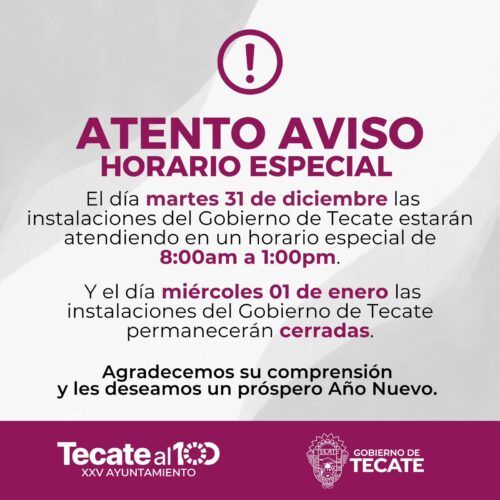AVISO A LA COMUNIDAD: HORARIOS ESPECIALES POR FESTIVIDADES DE FIN DE AÑO