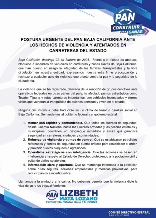 POSTURA URGENTE DEL PAN BC ANTE LOS HECHOS DE VIOLENCIA Y ATENTADOS EN CARRETERAS DEL ESTADO