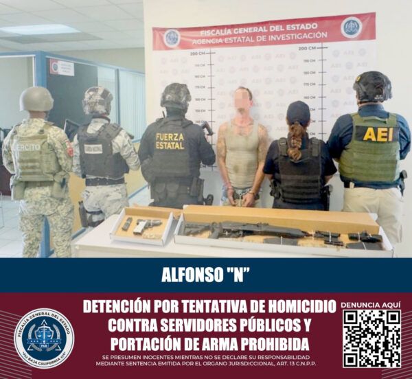 ES DETENIDO EN FLAGRANCIA SUJETO QUE DISPARÓ CONTRA DE ELEMENTOS DE SEGURIDAD EN TECATE