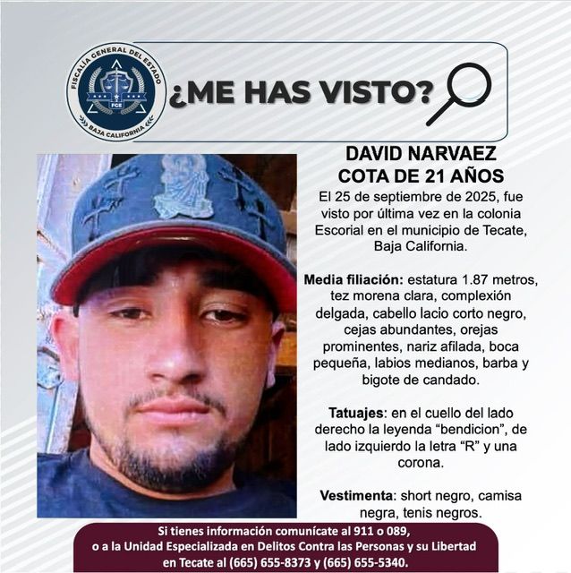 SOLICITAN APOYO PARA LOCALIZAR A DAVID NARVAEZ EN TECATE