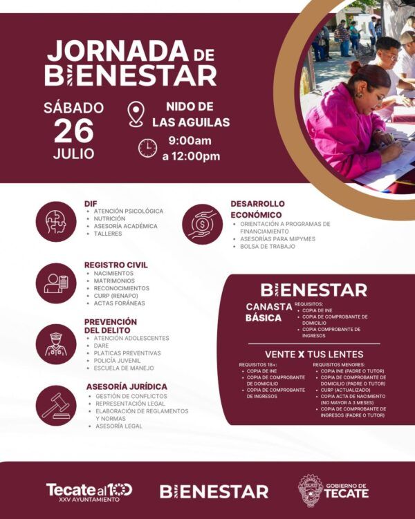 GOBIERNO DE TECATE LLEVARÁ JORNADA DE BIENESTAR AL NIDO DE LAS ÁGUILAS ESTE SÁBADO 26 DE JULIO