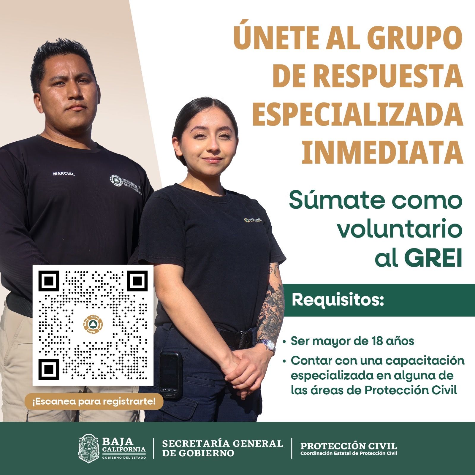 SÚMATE: PROTECCIÓN CIVIL BC CONVOCA A VOLUNTARIOS A FORMAR PARTE DEL GRUPO DE RESPUESTA ESPECIALIZADA INMEDIATA