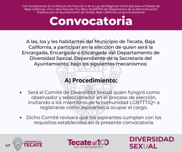 GOBIERNO DE TECATE CONVOCA A PARTICIPAR PARA LA ELECCIÓN DE LA ENCARGADA, ENCARGADO O ENCARGADE DEL DEPARTAMENTO DE DIVERSIDAD SEXUAL