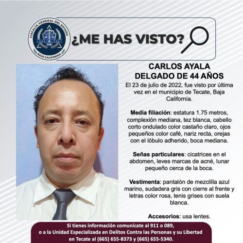 TECATE: SOLICITAN APOYO PARA LOCALIZAR A CARLOS AYALA