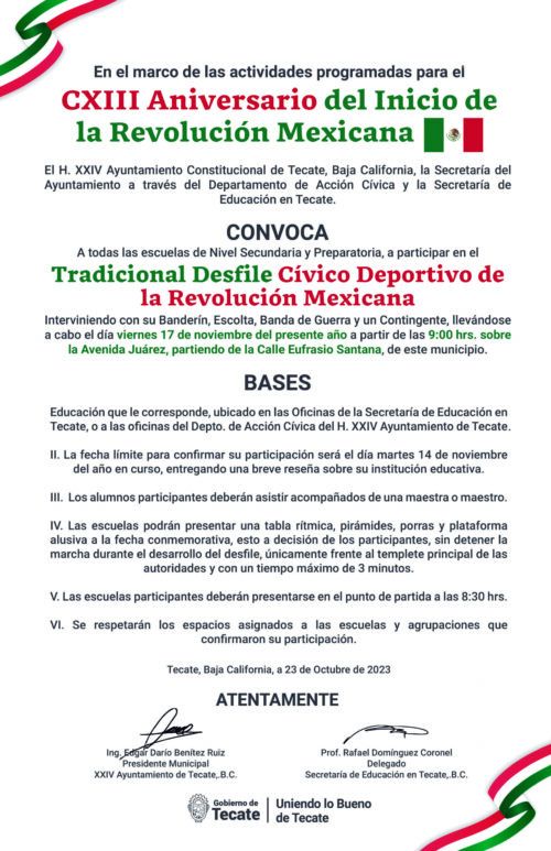 INVITAN A PARTICIPAR EN EL DESFILE DEL CXIII ANIVERSARIO DE LA REVOLUCIÓN MEXICANA