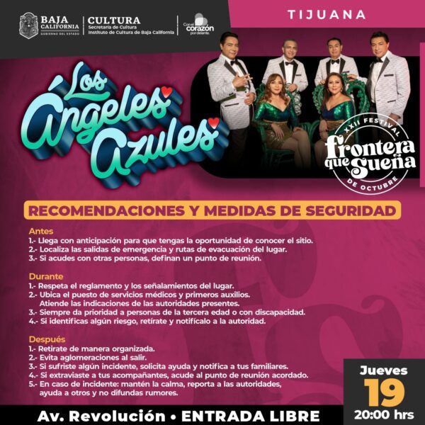 REITERA SECRETARÍA DE CULTURA INVITACIÓN AL CONCIERTO GRATUITO DE LOS ÁNGELES AZULES ESTE JUEVES 19 DE OCTUBRE