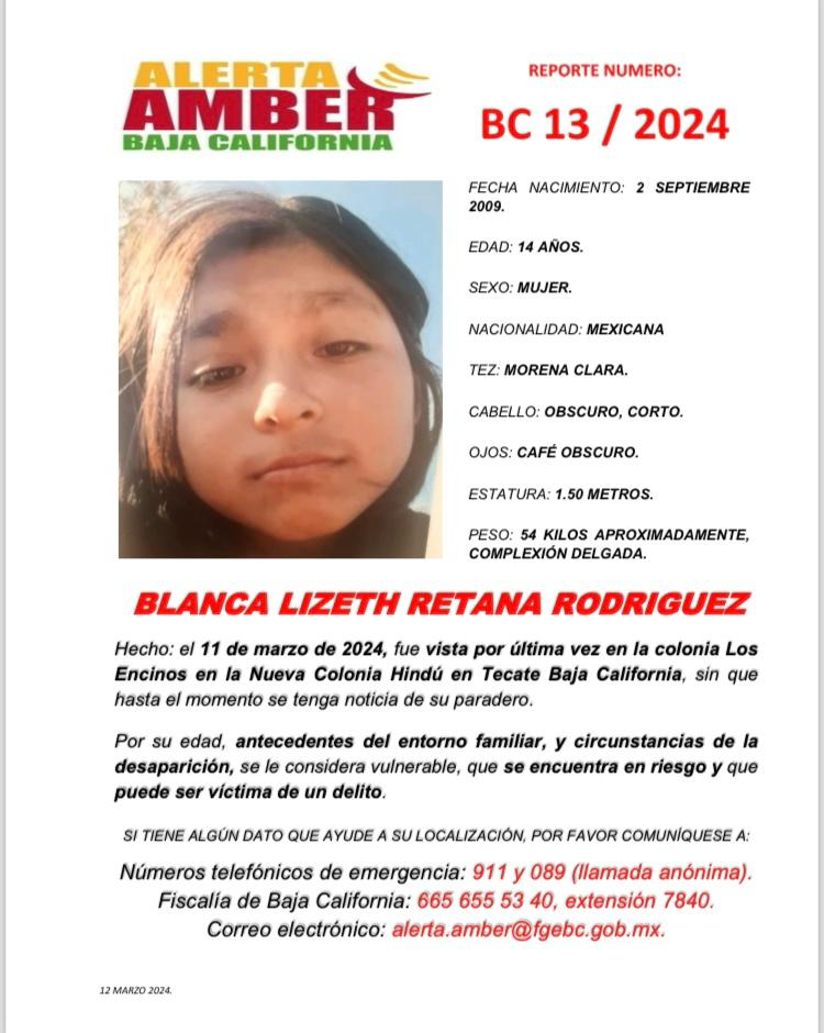 SOLICITAN APOYO PARA LOCALIZAR A BLANCA LIZETH RETANA RODRÍGUEZ DE 14 AÑOS
