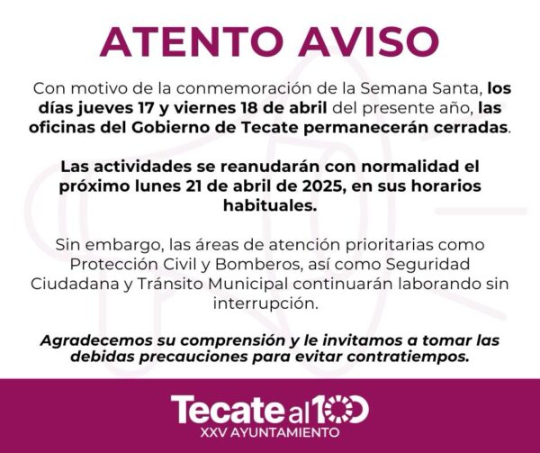 JUEVES 17 Y VIERNES 18 OFICINAS DEL GOBIERNO MUNICIPAL ESTARÁN CERRADAS