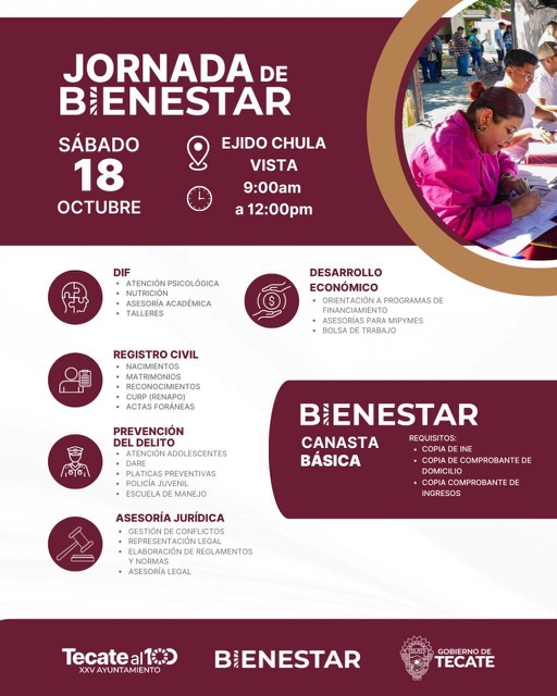 GOBIERNO DE TECATE LLEVARÁ JORNADA DE BIENESTAR AL EJIDO CHULA VISTA ESTE SÁBADO
