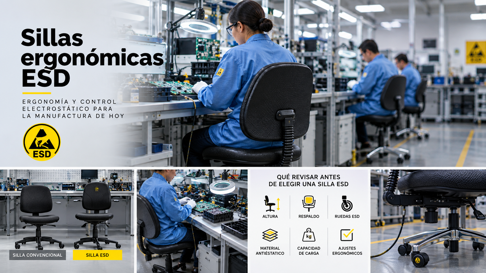 Sillas ergonómicas ESD en entornos industriales: claves para elegir bien