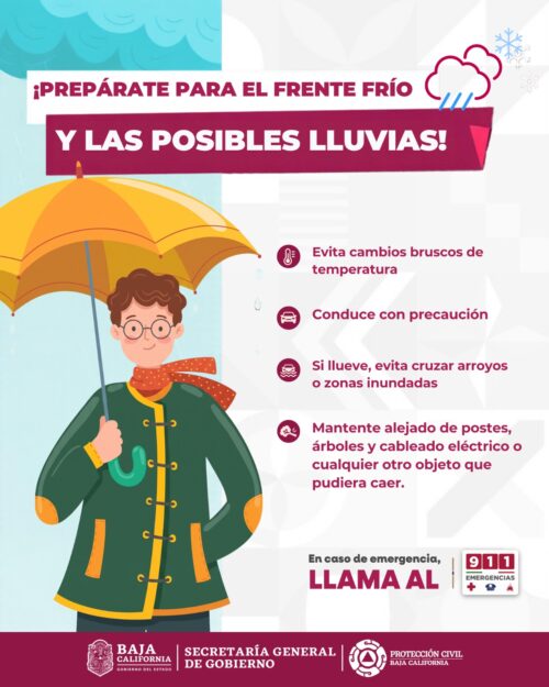 PRONOSTICA PROTECCIÓN CIVIL BC INGRESO DE FRENTE FRÍO CON LLUVIAS Y DESCENSO DE TEMPERATURAS